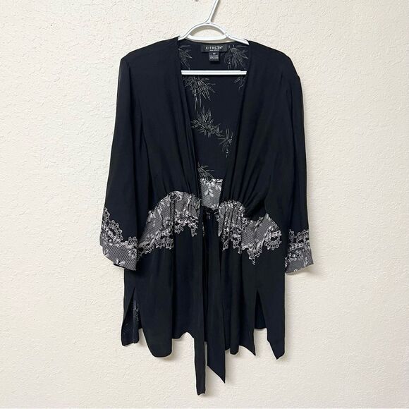 Citron Cardigan Robe Size 2X 100% Silk Open Front Black Elastic Tie Waist - Picture 1 of 7